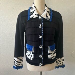 Vintage Jack B Quick Black Blue Animal Print Cardigan Pocket Sweater Size Small